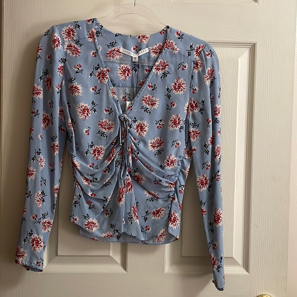 Veronica Beard Maisle Floral Ruched Silk Blouse